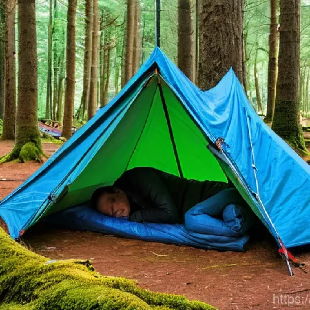 타프 활용법 - **A-Frame Serenity in Fontainebleau Forest**
A lone hiker, fully clothed in warm, practical outd...