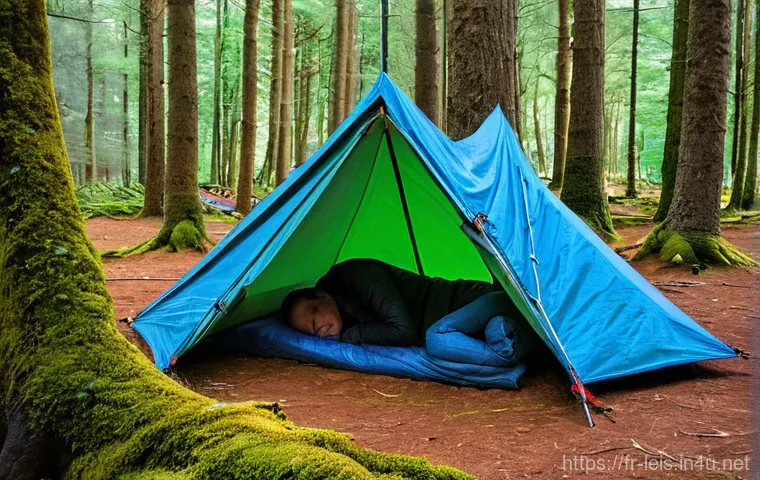 타프 활용법 - **A-Frame Serenity in Fontainebleau Forest**
A lone hiker, fully clothed in warm, practical outd...